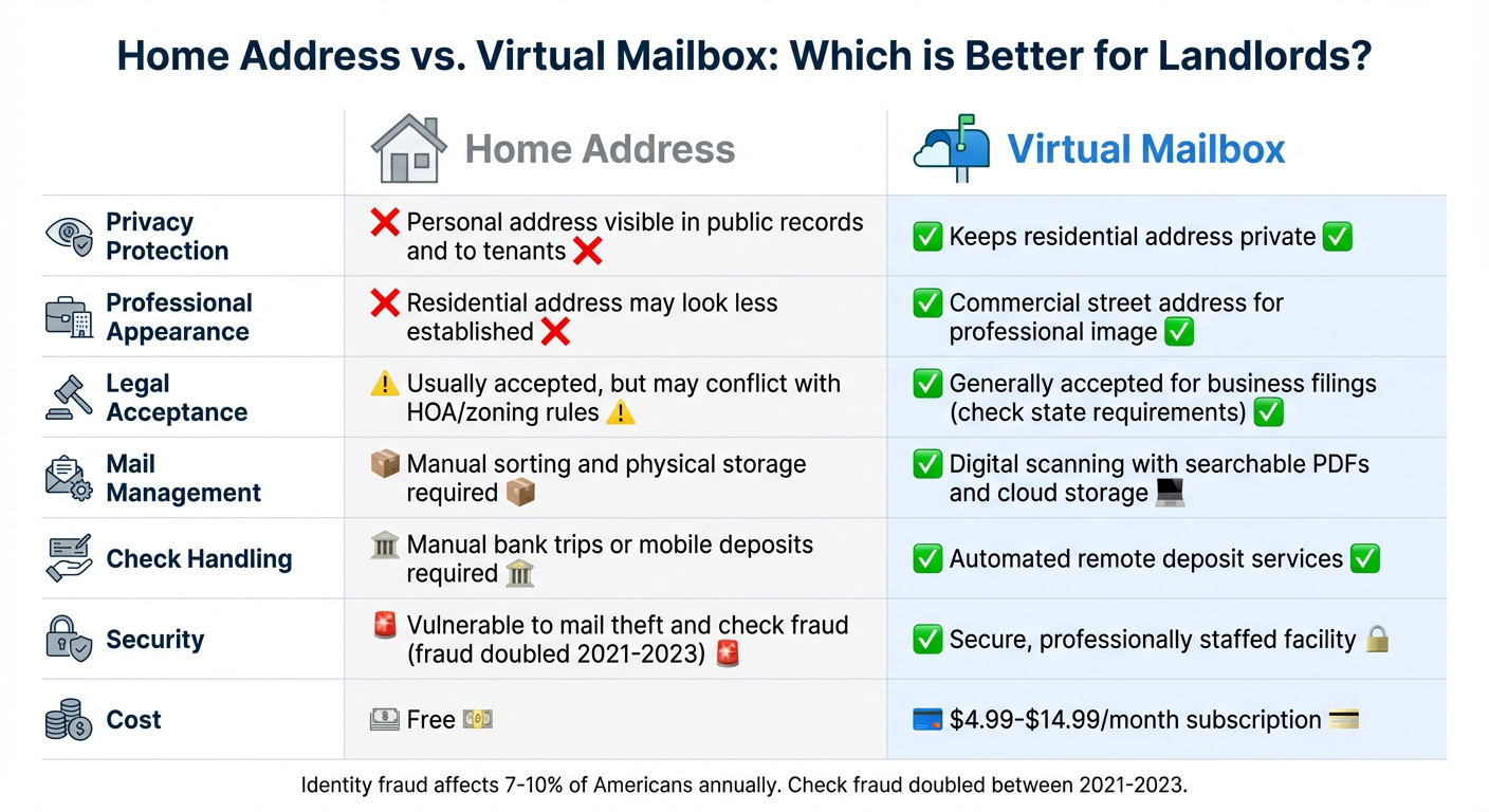 Comparison of home address and virtual mailbox benefits for landlords, highlighting privacy, legal compliance, and cost advantages.