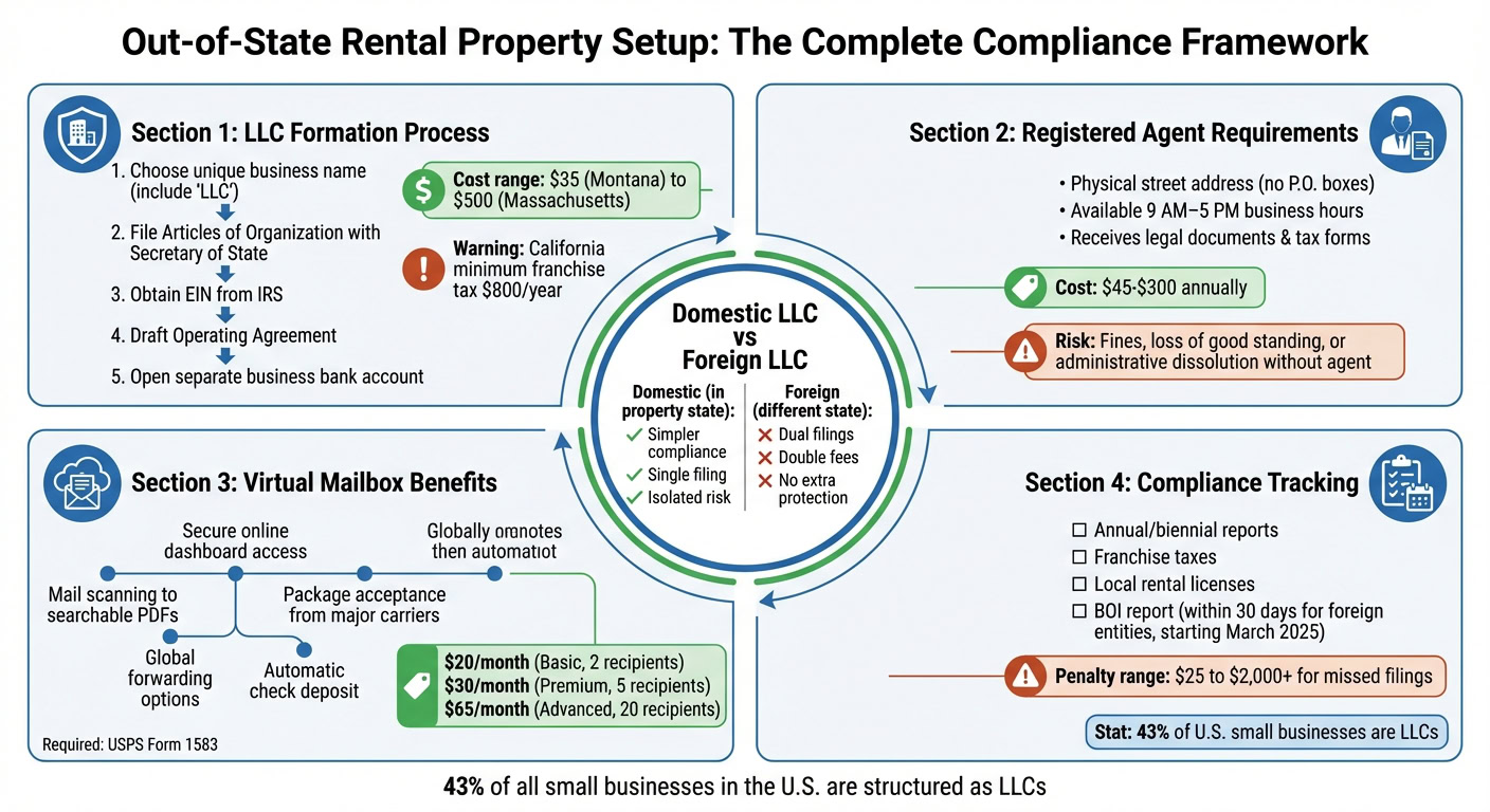 Comprehensive guide on LLC formation, registered agent requirements, and compliance tracking for out-of-state rental properties.