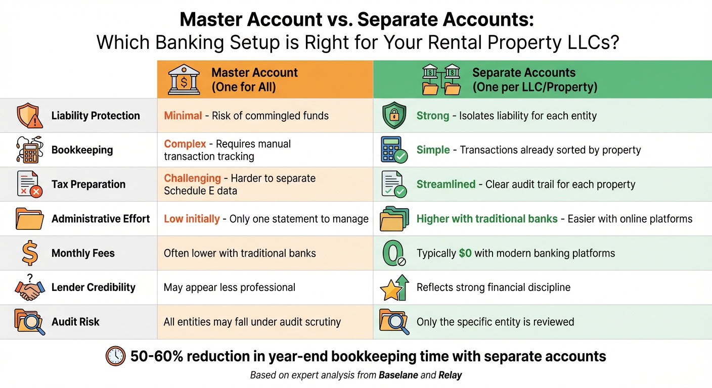 Comparison of master and separate bank accounts for rental property LLCs, highlighting benefits and challenges of each setup.