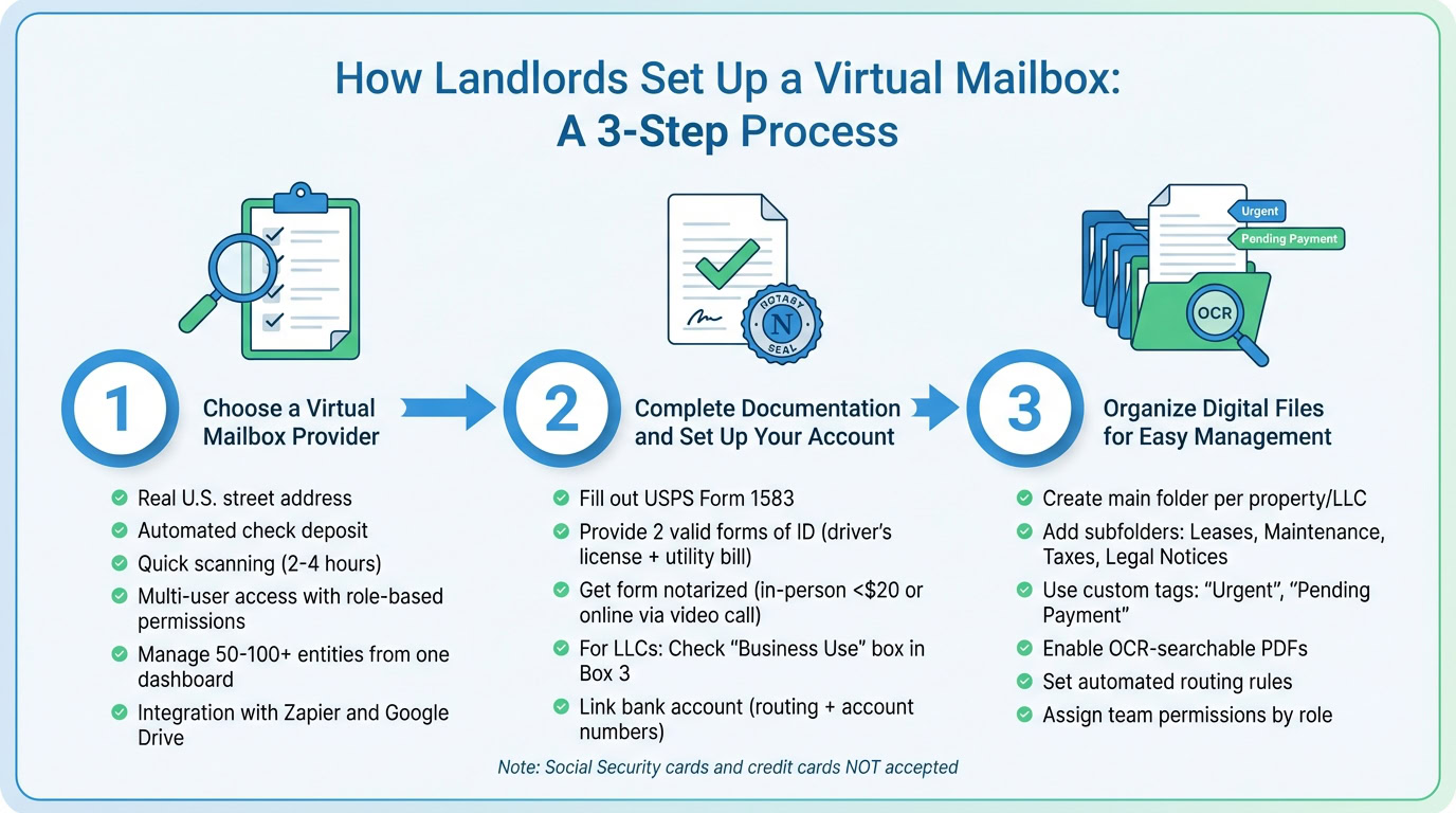 Illustration of a 3-step process for setting up a virtual mailbox for landlords, including choosing a provider, completing documentation, and organizing digital files.