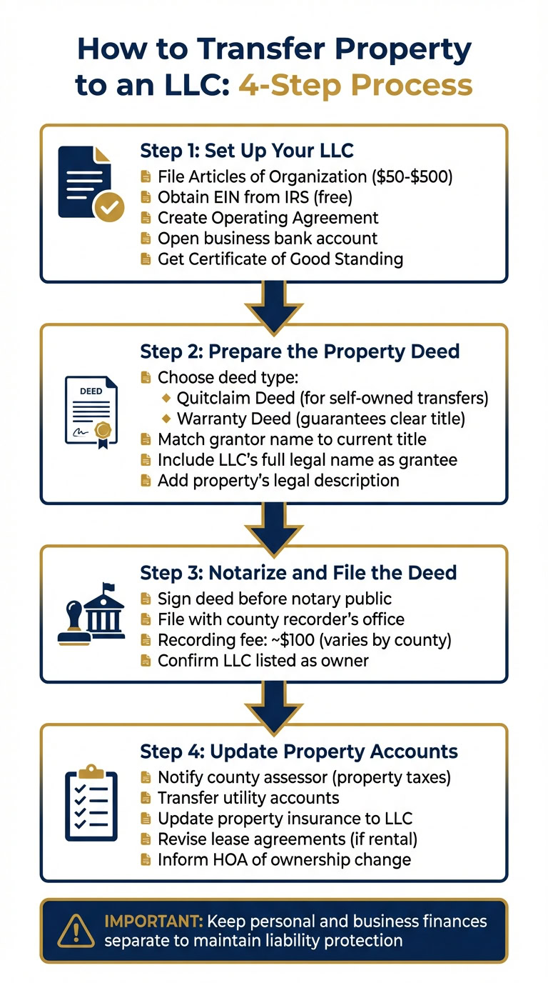 Step-by-step process for transferring property to an LLC after closing, including setting up an LLC, preparing the deed, notarizing, and updating property accounts.