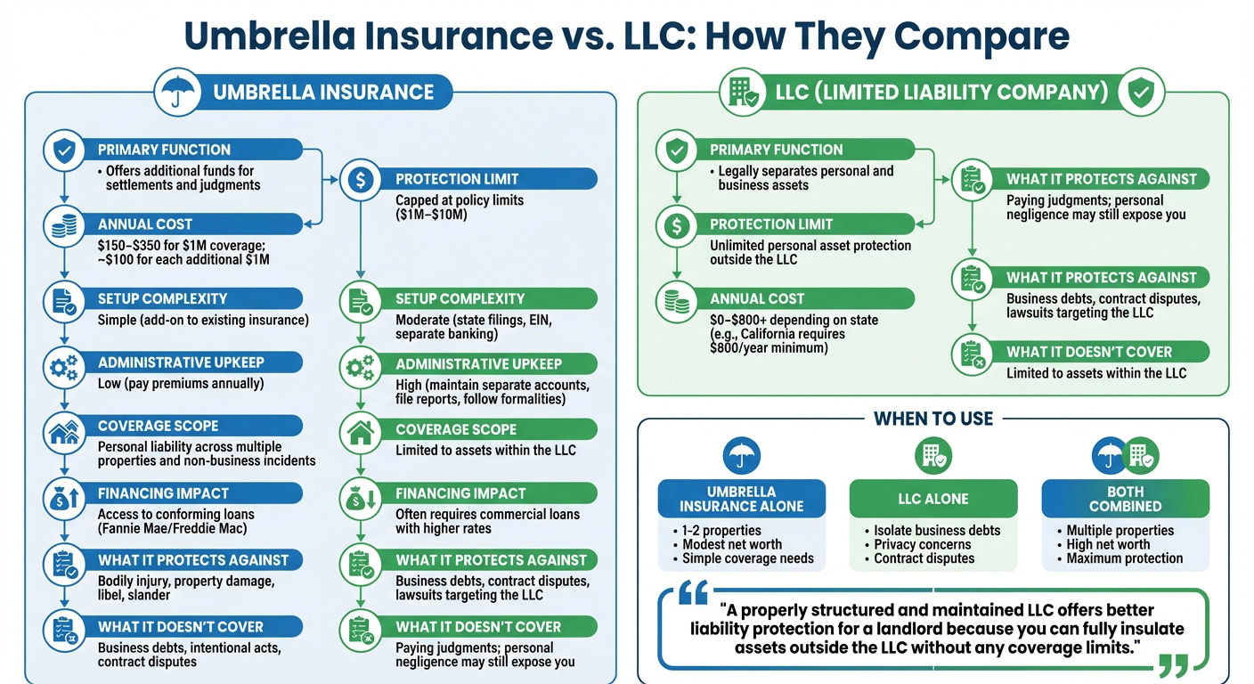 Comparison chart of umbrella insurance and LLC for landlords, highlighting primary functions, costs, setup complexity, coverage, and ideal usage scenarios.