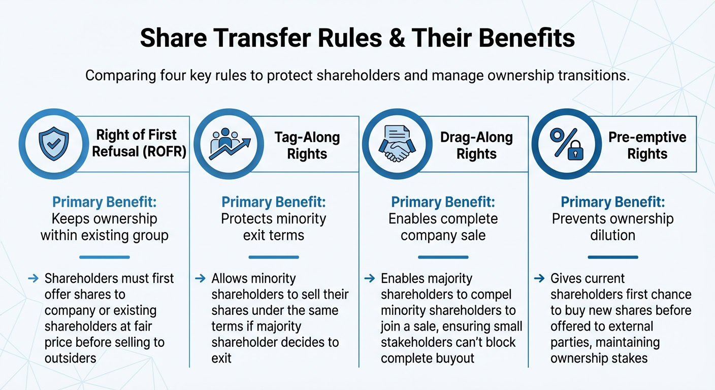 Infographic comparing four key share transfer rules and their benefits for shareholders and company management.