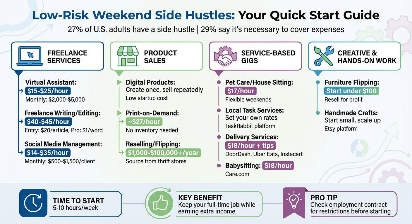 Infographic showcasing low-risk side hustle ideas for weekends, including freelance services, product sales, pet care, and crafts, with key benefits and tips.