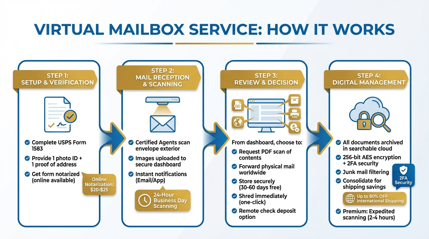 Flowchart illustrating the steps of virtual mailbox service including setup, mail reception, review, and digital management for business use.