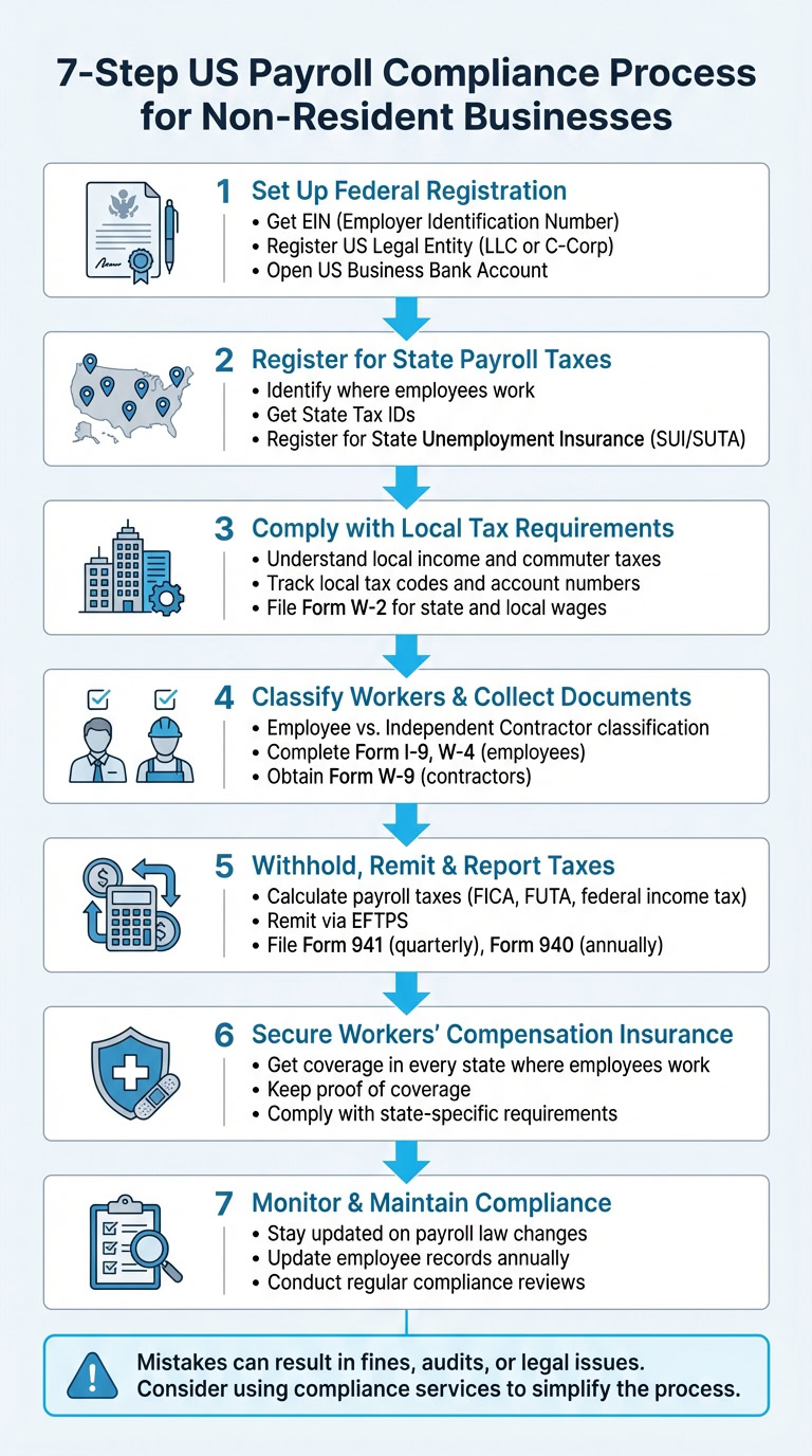 7-step US payroll compliance process for non-resident businesses, including registration, tax registration, compliance, documentation, remittance, insurance, and monitoring.