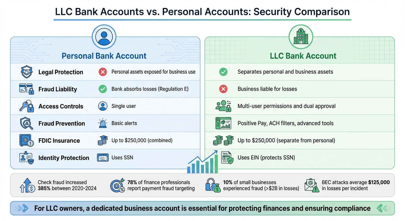 Comparison of LLC bank accounts and personal bank accounts highlighting security features and benefits for business owners.