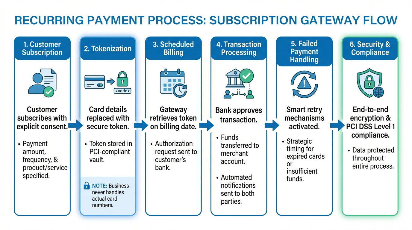 Diagram illustrating the subscription payment gateway process from customer subscription to security compliance, highlighting key steps and security measures.