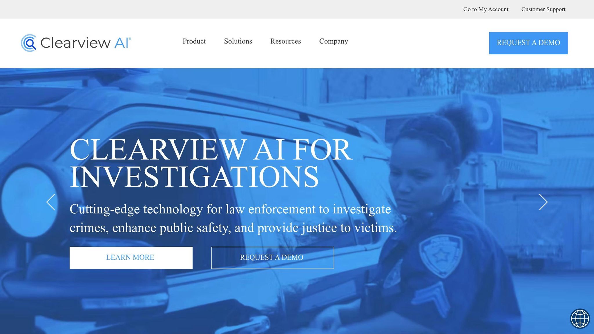 Clearview AI technology used by law enforcement to investigate crimes and enhance public safety, featuring a police officer and a vehicle.