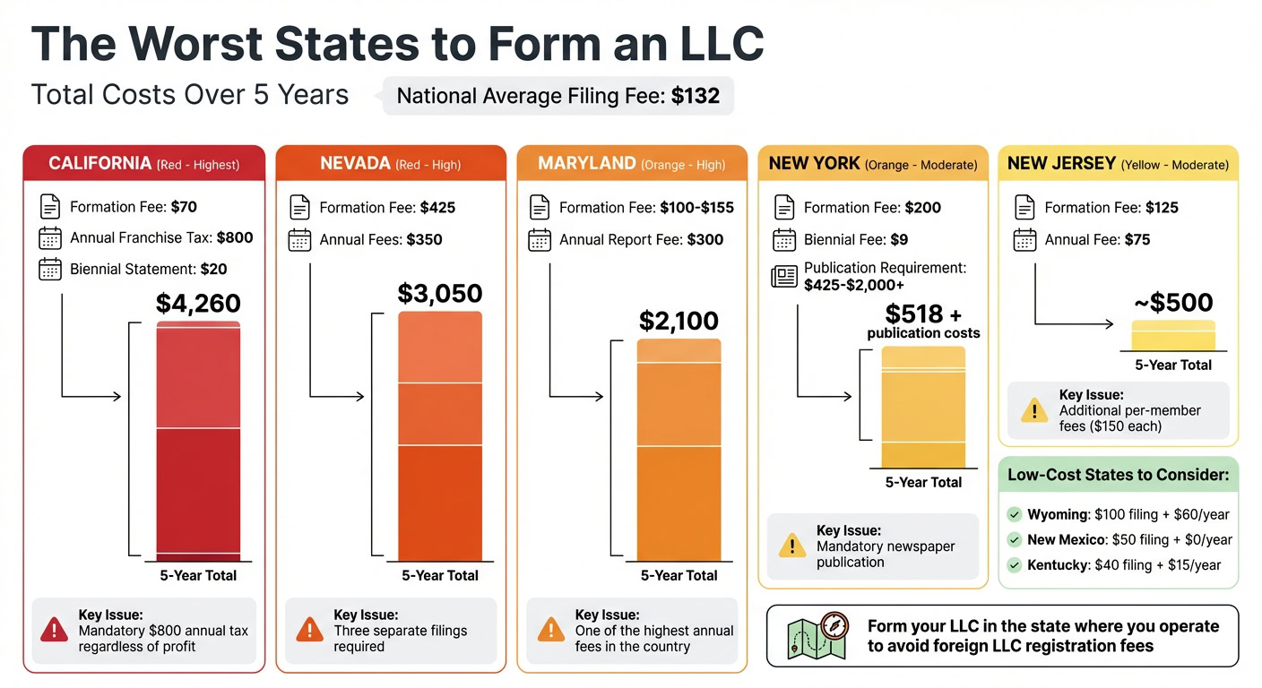 Comparison of LLC formation costs and fees in California, Nevada, Maryland, New York, and New Jersey over 5 years.