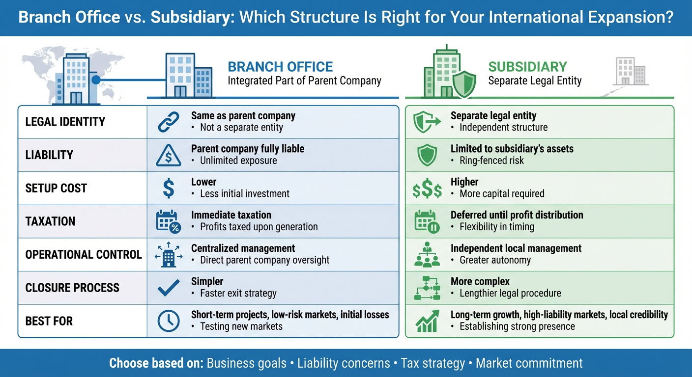 Comparison chart of branch office and subsidiary structures for international expansion, highlighting legal, financial, and operational differences.