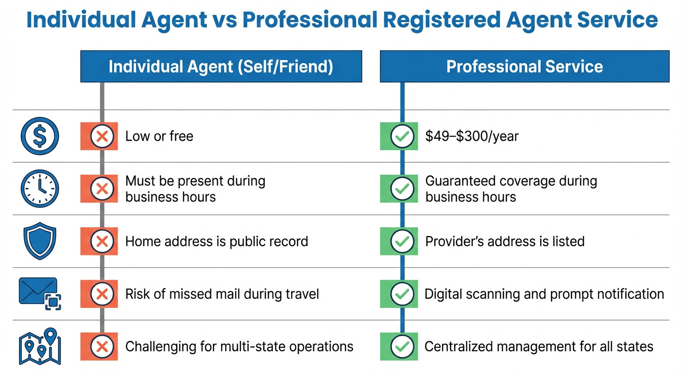 Comparison chart of individual agent and professional registered agent services highlighting costs, requirements, and features for U.S. business compliance.