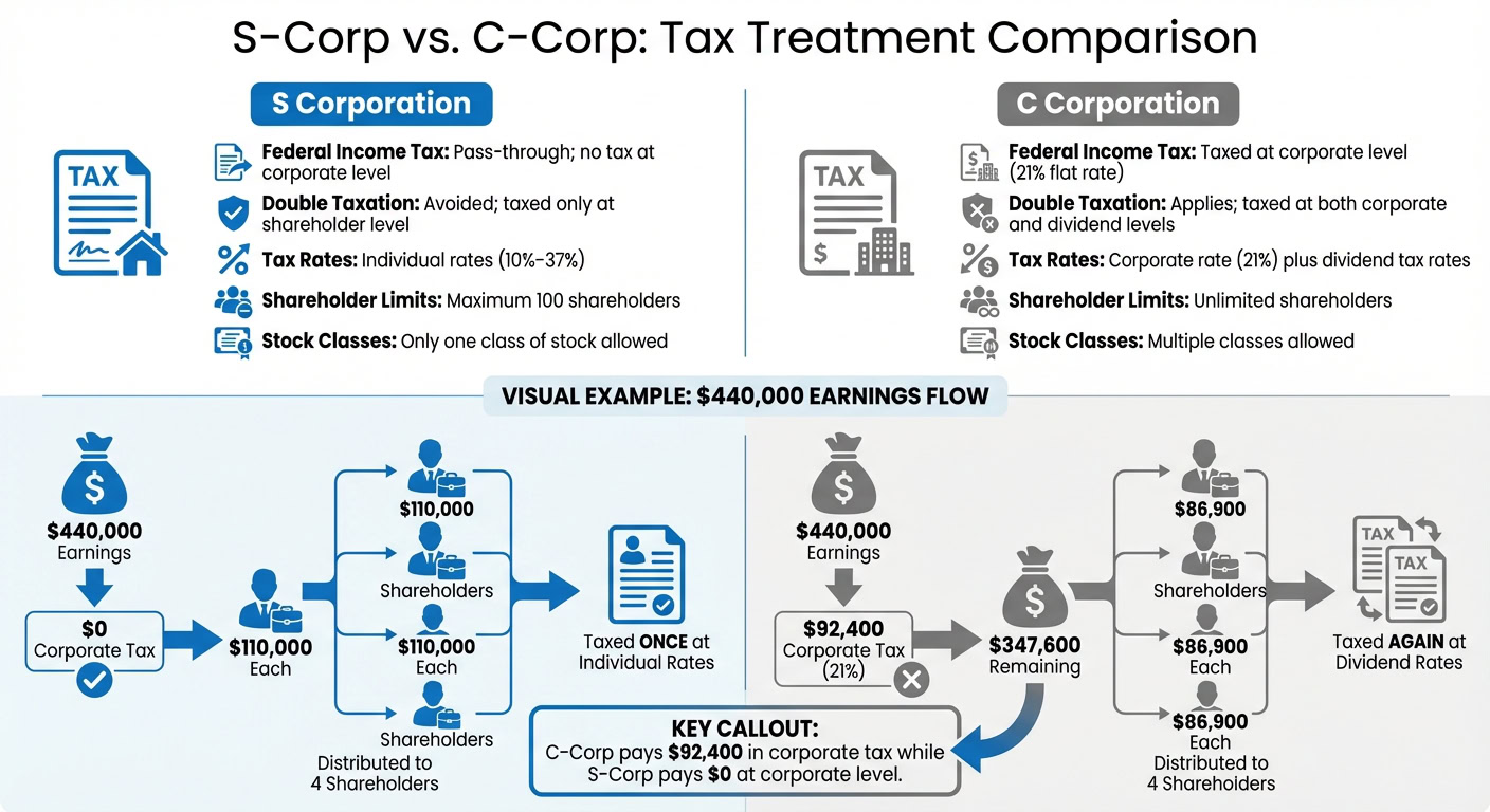 Comparison of S-Corp and C-Corp tax treatments, highlighting benefits and differences for small business owners.