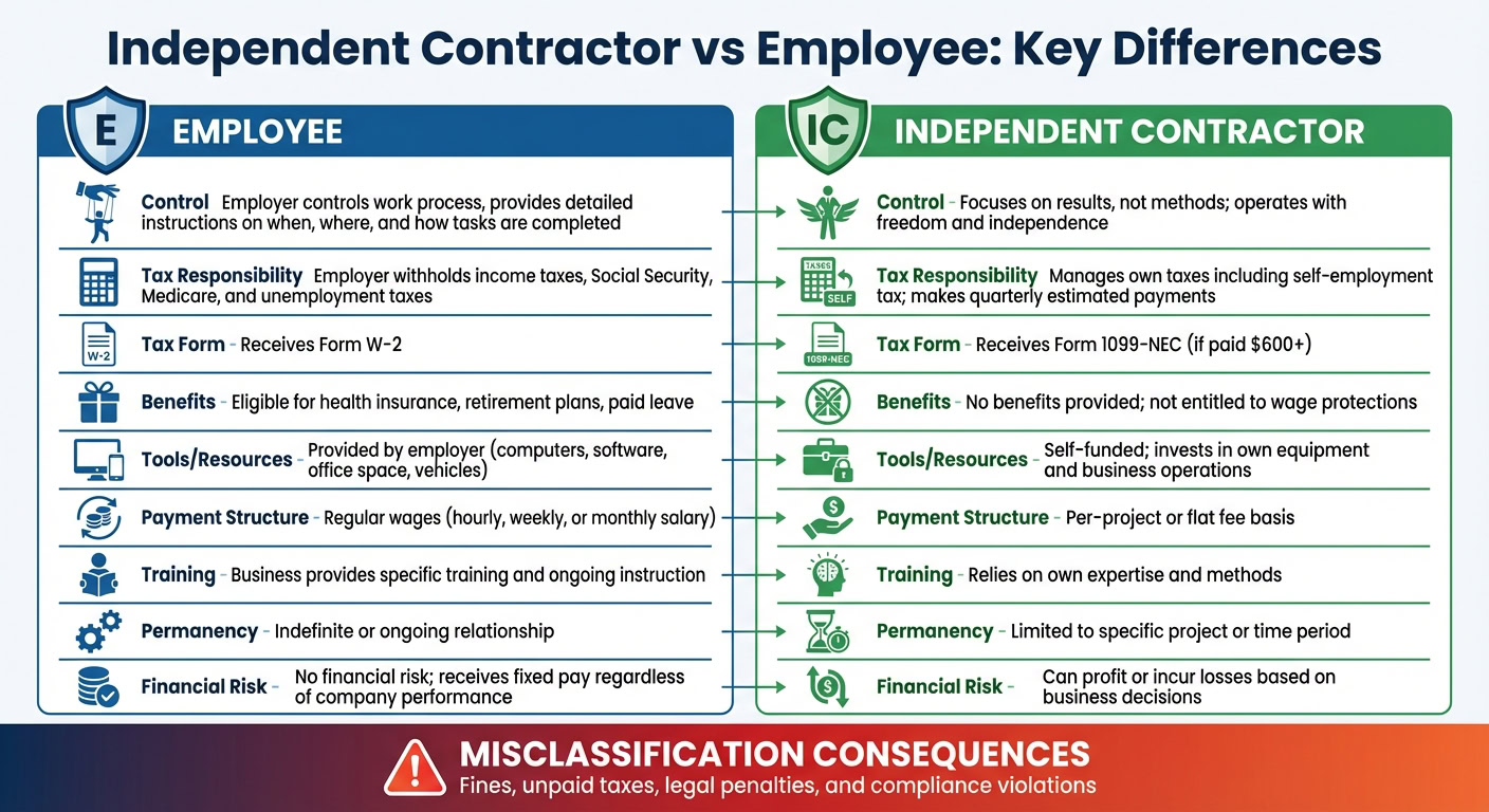 Comparison chart highlighting key differences between independent contractors and employees for tax and legal purposes.