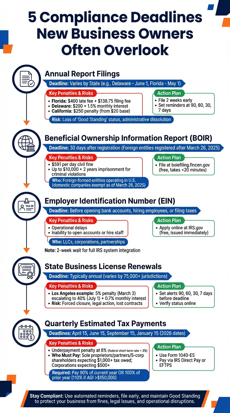 Business Anywhere logo with compliance deadlines and business registration icons for new business owners.