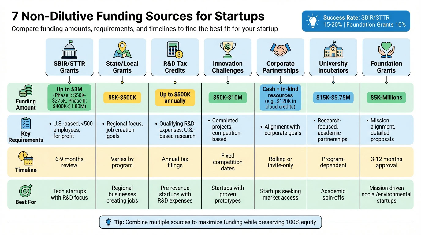 7 Non-Dilutive Funding Sources for Startups Comparison Chart