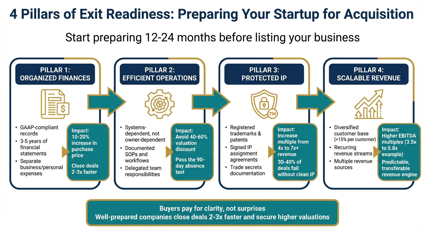 Four pillars of exit readiness for startups, including organized finances, efficient operations, protected IP, and scalable revenue.