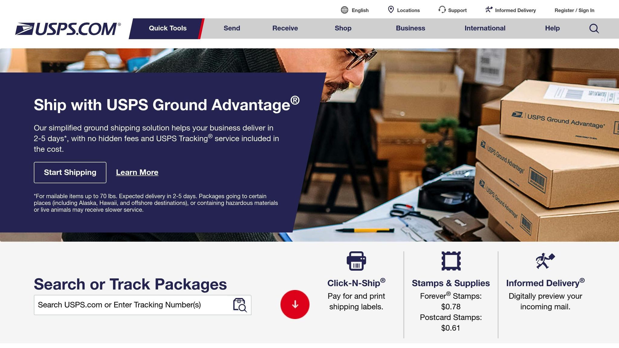 Image showcasing USPS shipping boxes and a person handling packages, representing virtual mailbox and mail forwarding services in Atlanta, Georgia.
