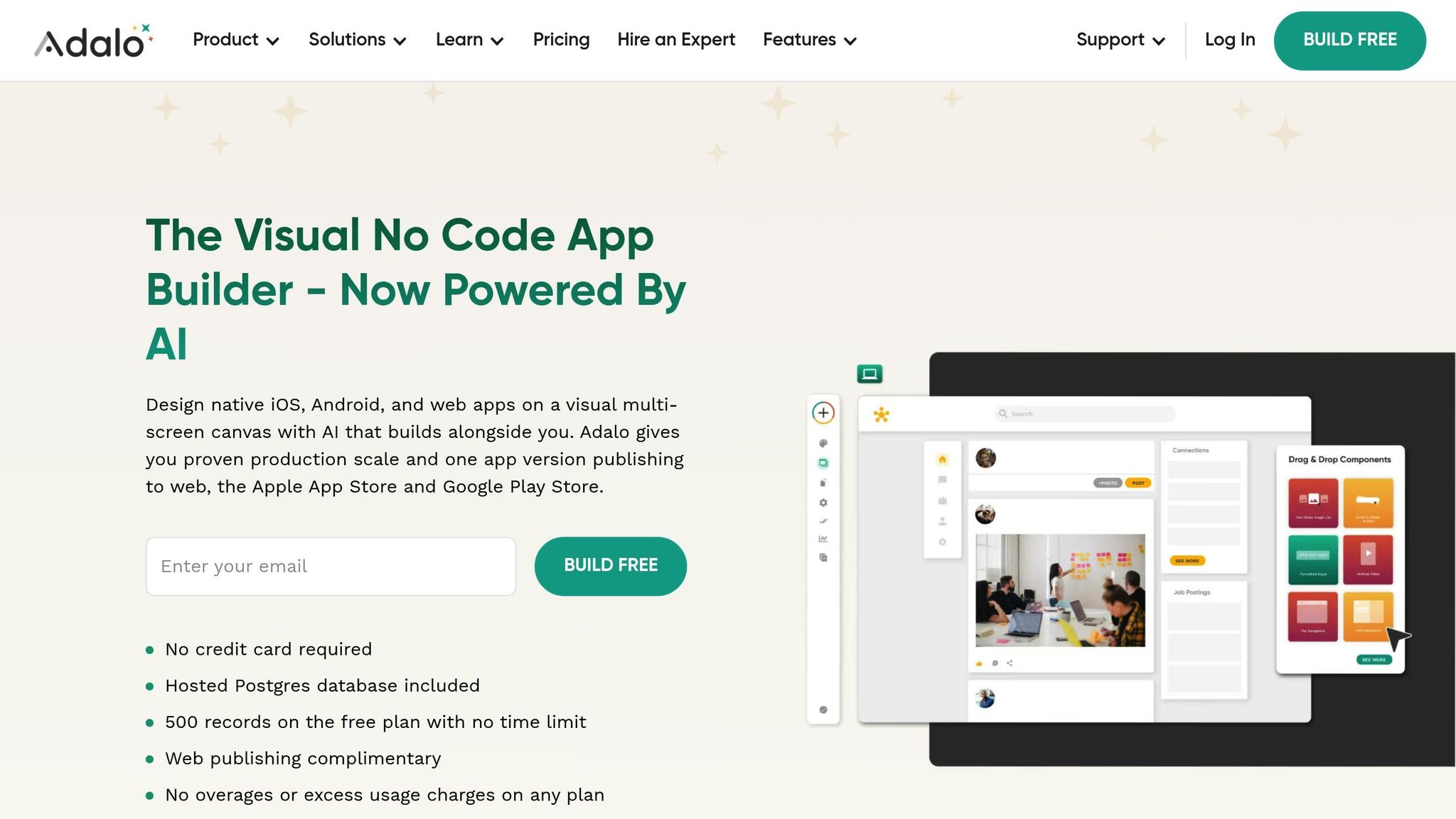 Screenshot of Adalo's visual no-code app builder interface showing app design and AI-powered features for creating mobile apps without coding.