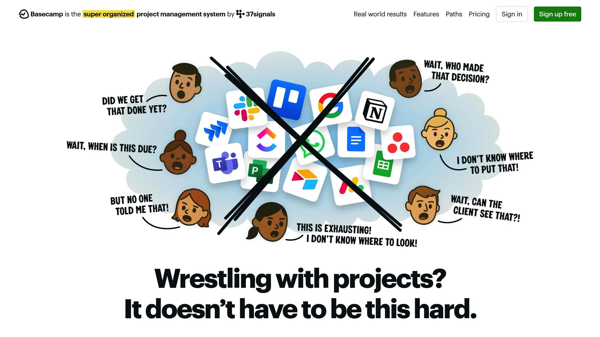 Illustration of diverse team members overwhelmed by multiple project management app icons, highlighting challenges in remote team collaboration.