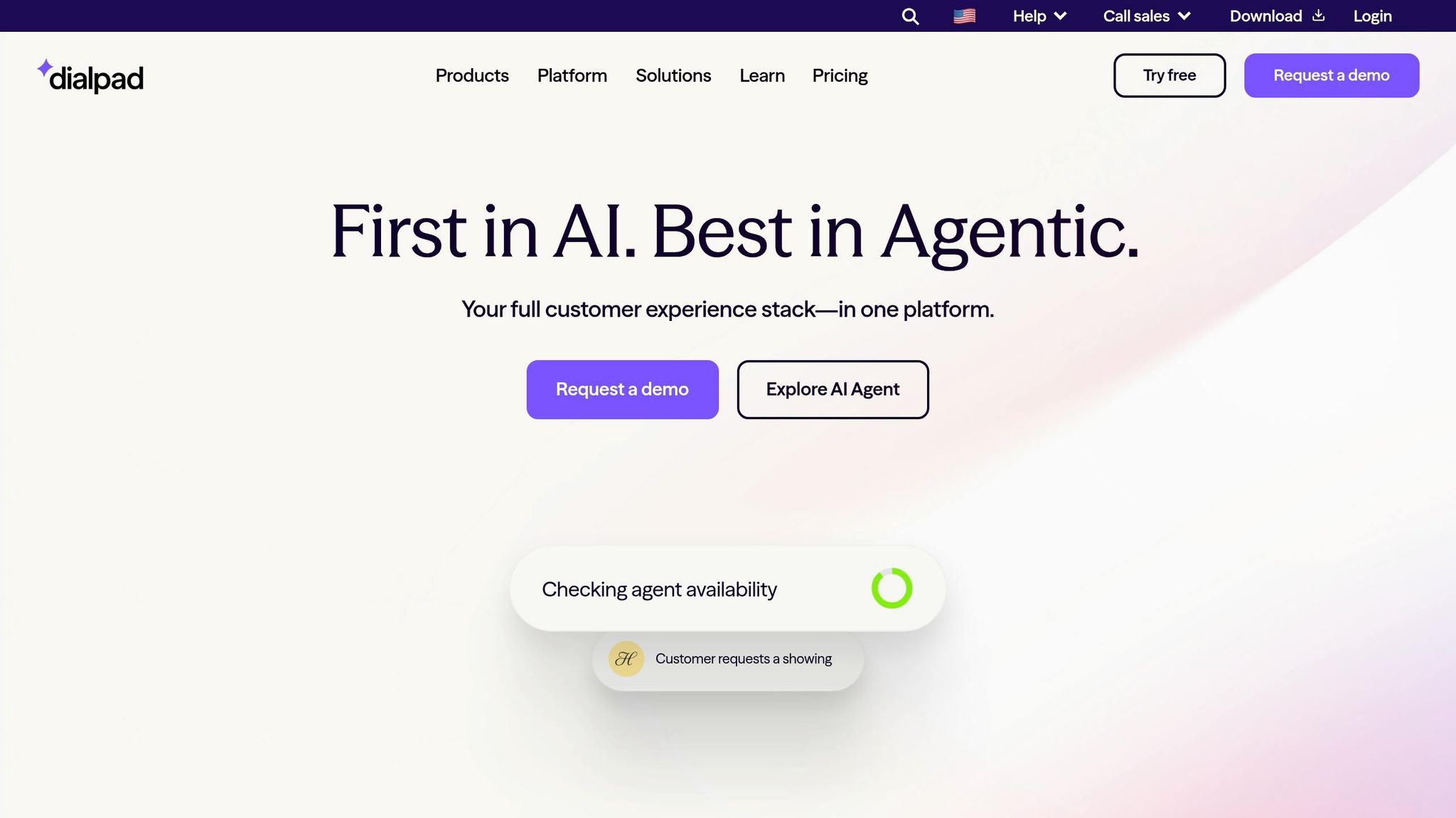 Screenshot of Dialpad's AI-powered customer service platform showing agent availability and customer request features.