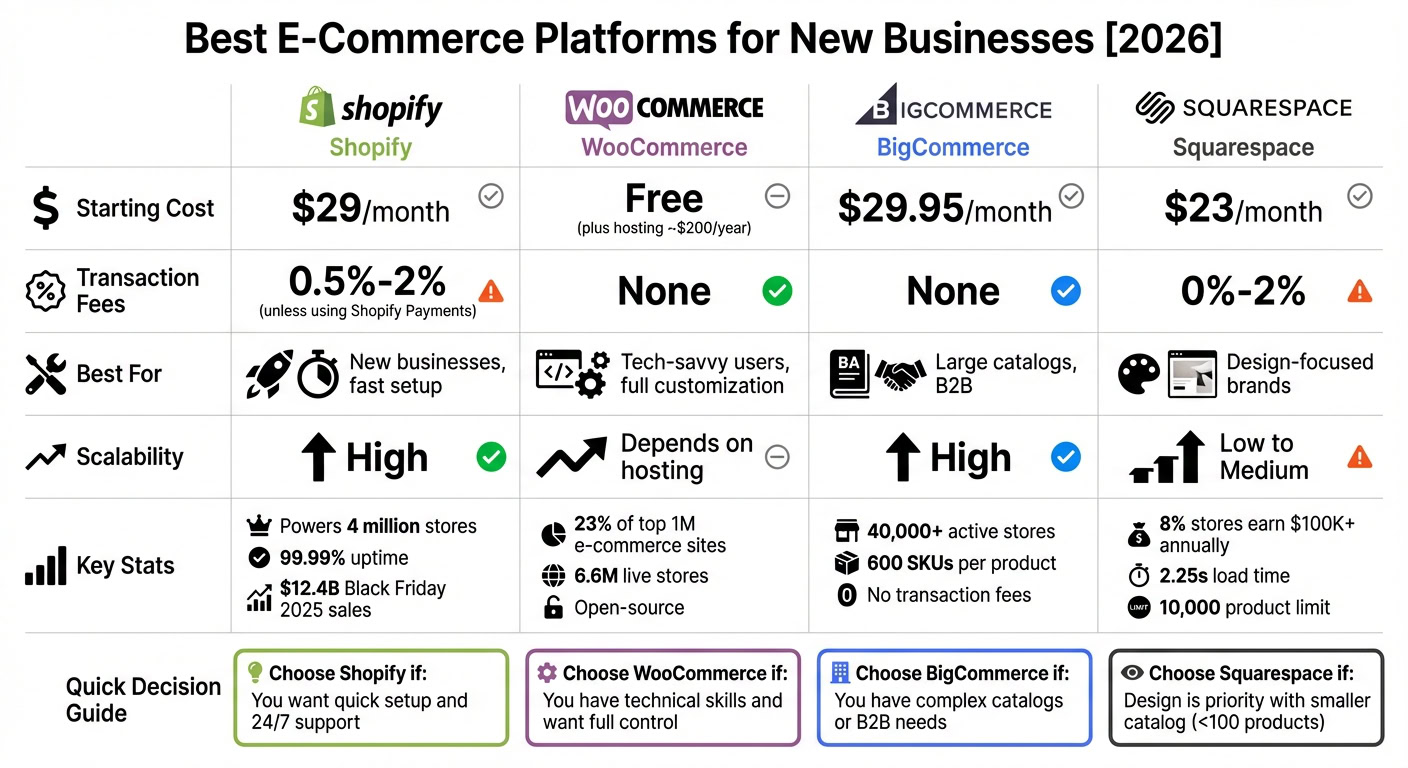 Comparison of top e-commerce platforms including Shopify, WooCommerce, BigCommerce, and Squarespace for new business startups in 2026.