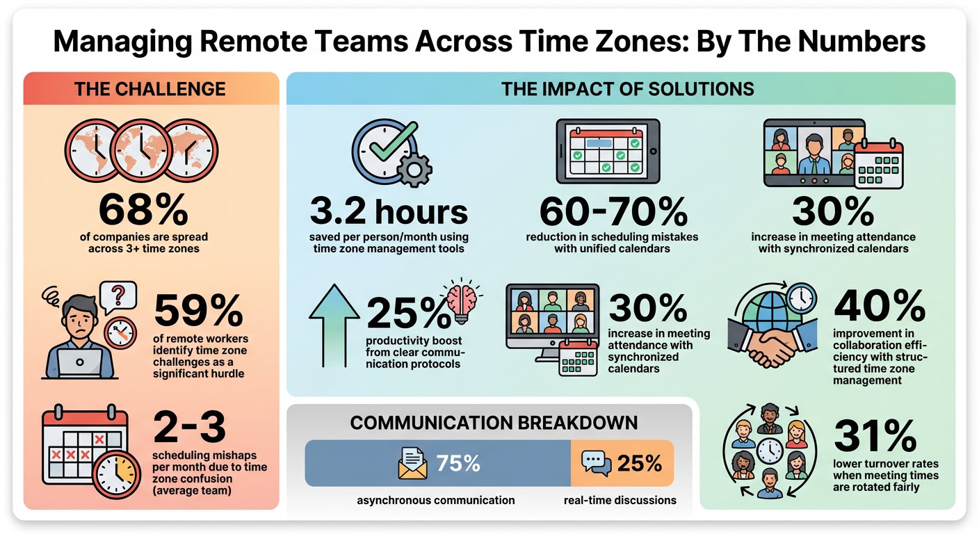 Infographic illustrating challenges and solutions for managing remote teams across different time zones, including productivity tips and communication strategies.