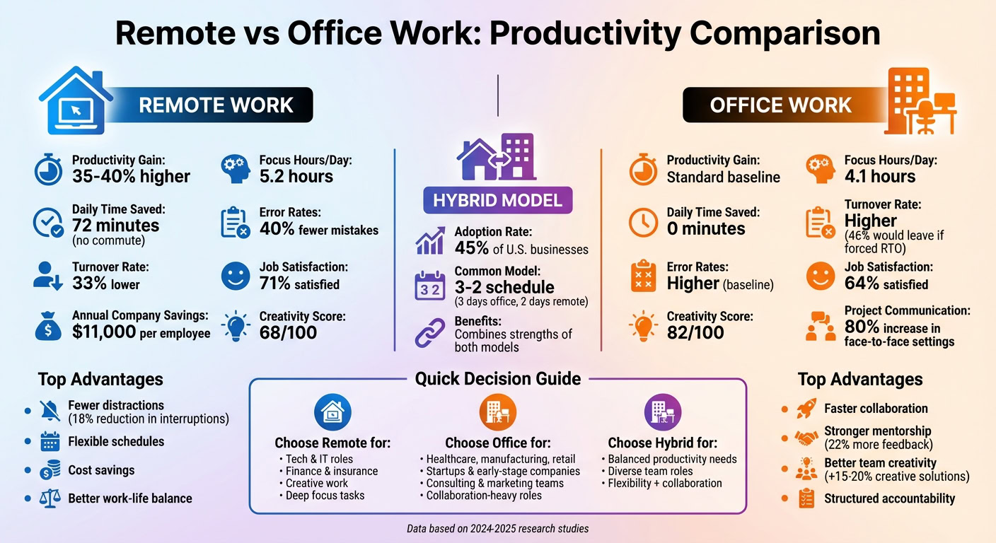 Comparison of remote and office work productivity, highlighting benefits, drawbacks, and hybrid model advantages for business efficiency.