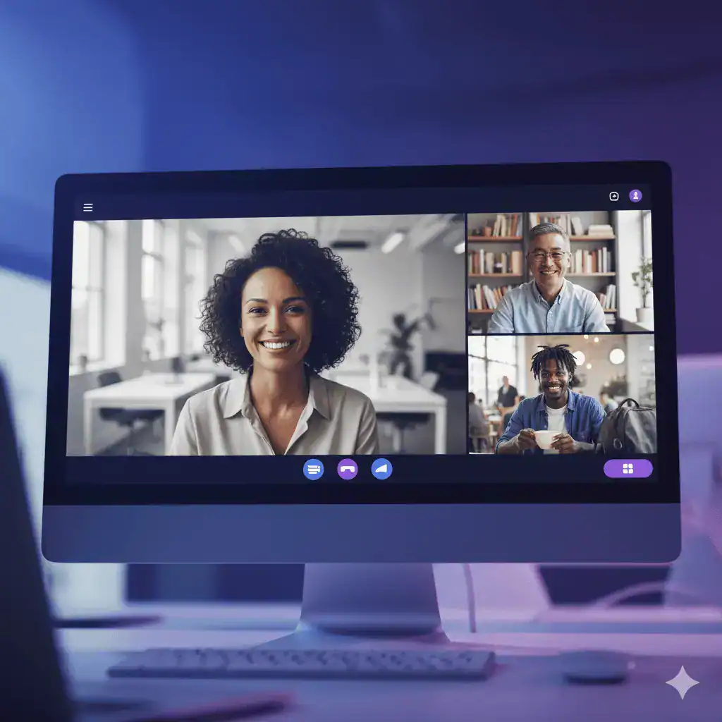 Virtual team meeting displayed on a computer monitor with diverse professionals collaborating remotely via video call.