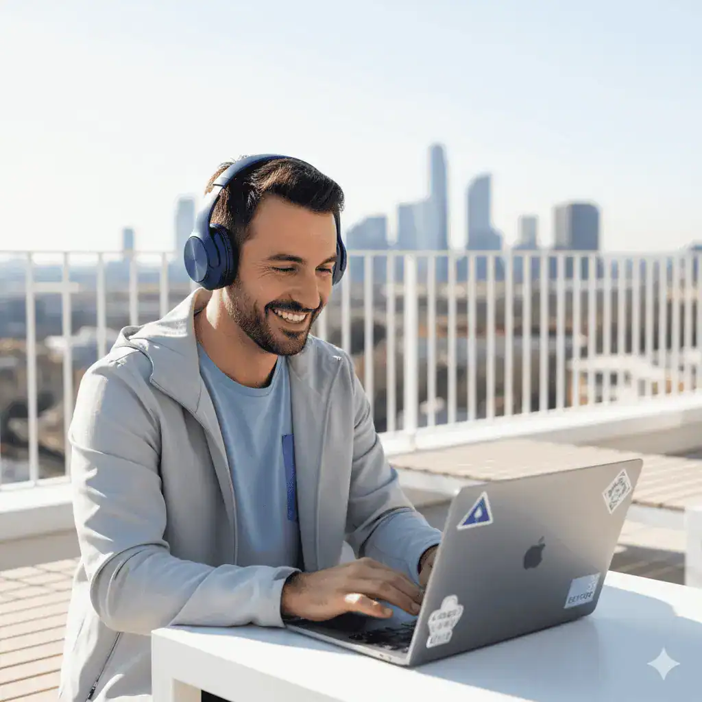 Happy man working remotely on a laptop with headphones, enjoying flexible work from a rooftop with city skyline in the background. Perfect for remote work, digital nomads, and online business solution.