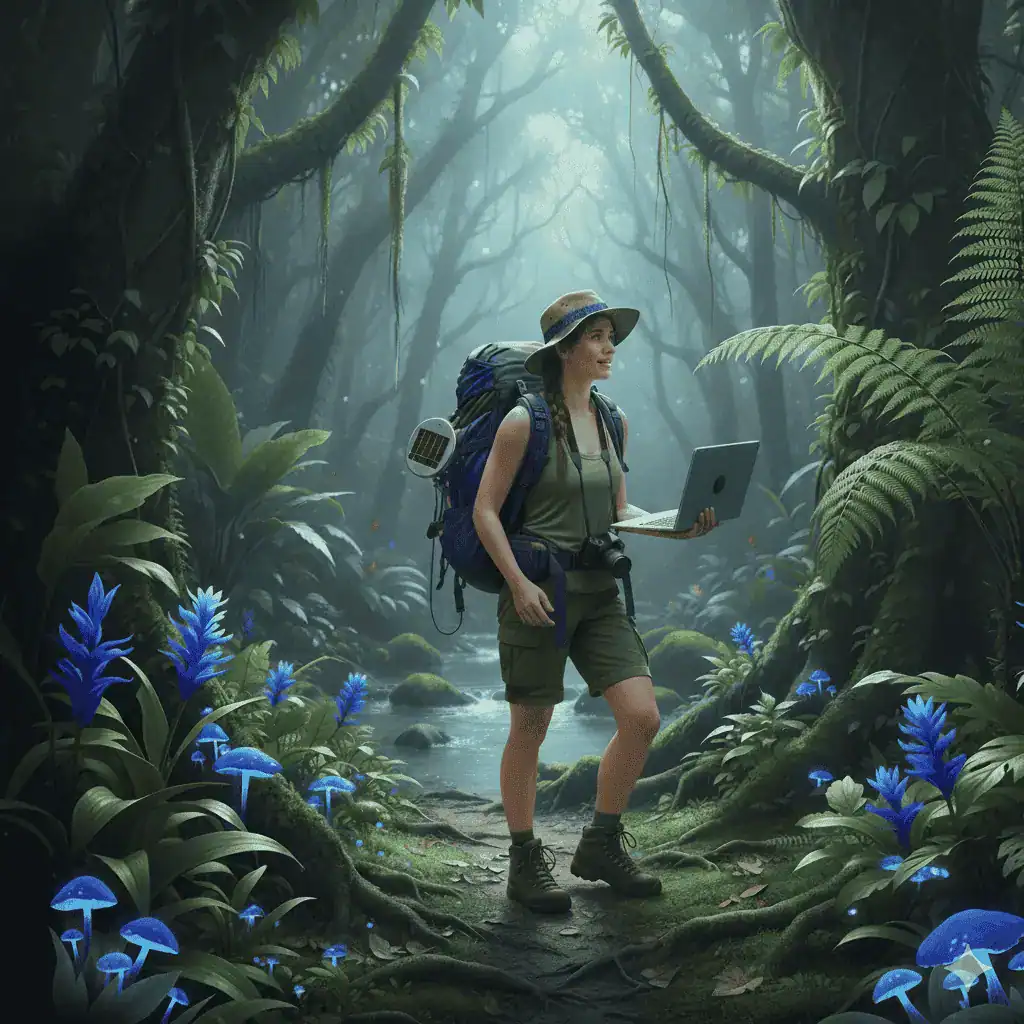 Woman with a laptop and camera working remotely in a vibrant jungle with glowing blue mushrooms and dense greenery.