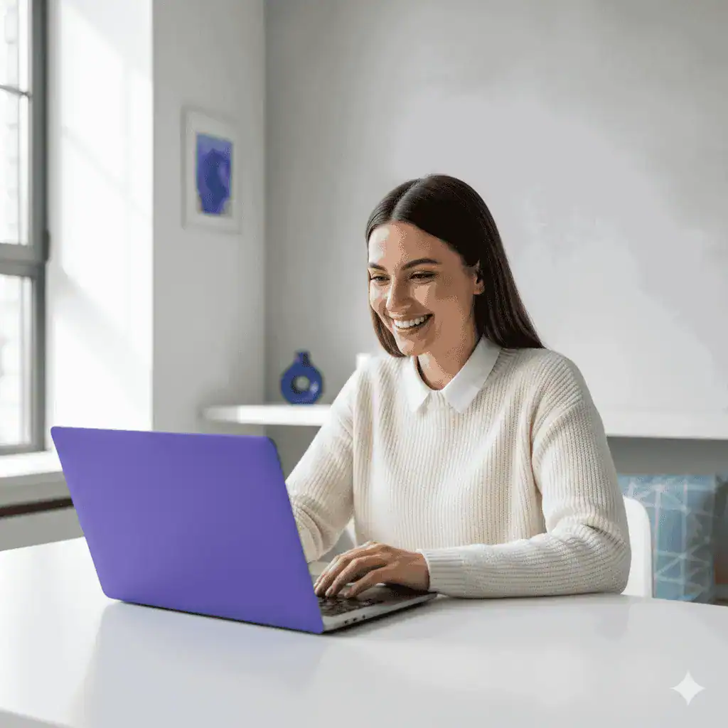 Woman working on a laptop at home, representing remote business solutions and flexible work environments.