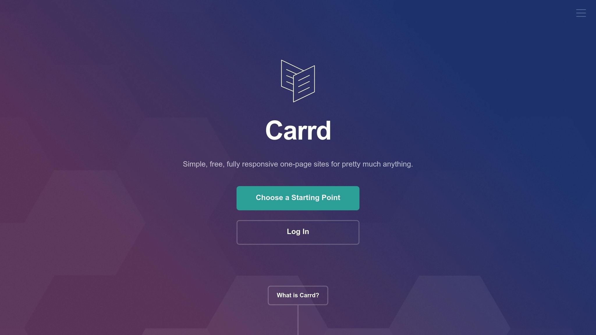 Screenshot of Carrd website builder with options to choose a starting point and log in, showcasing a simple, modern design for creating one-page websites.