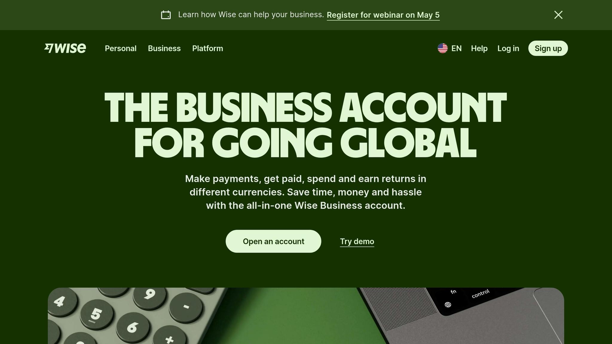 Business Anywhere platform for managing international finances, making payments, and earning returns with a comprehensive all-in-one business account.