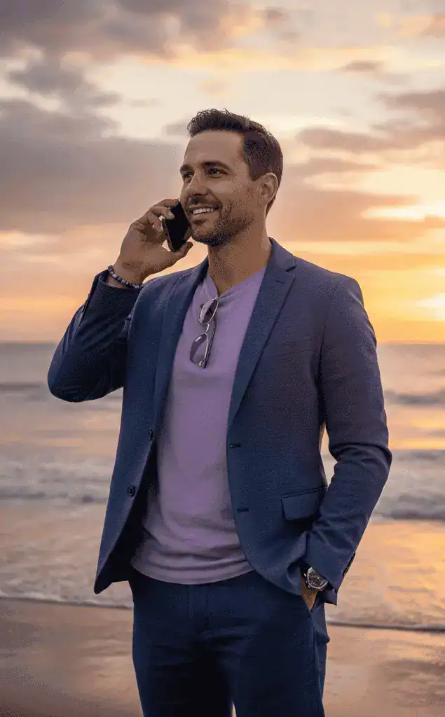 Confident businessman talking on mobile phone at the beach during sunset, showcasing remote work and business flexibility.