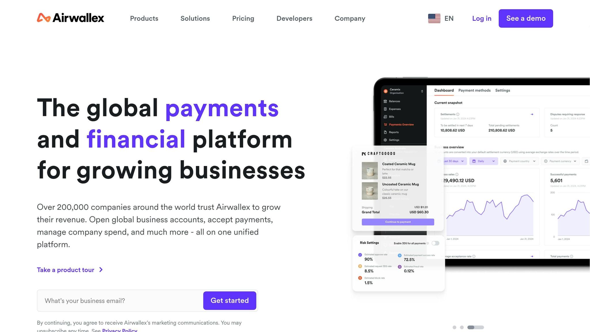Screenshot of Airwallex's global payments and financial platform showing analytics and account management features.