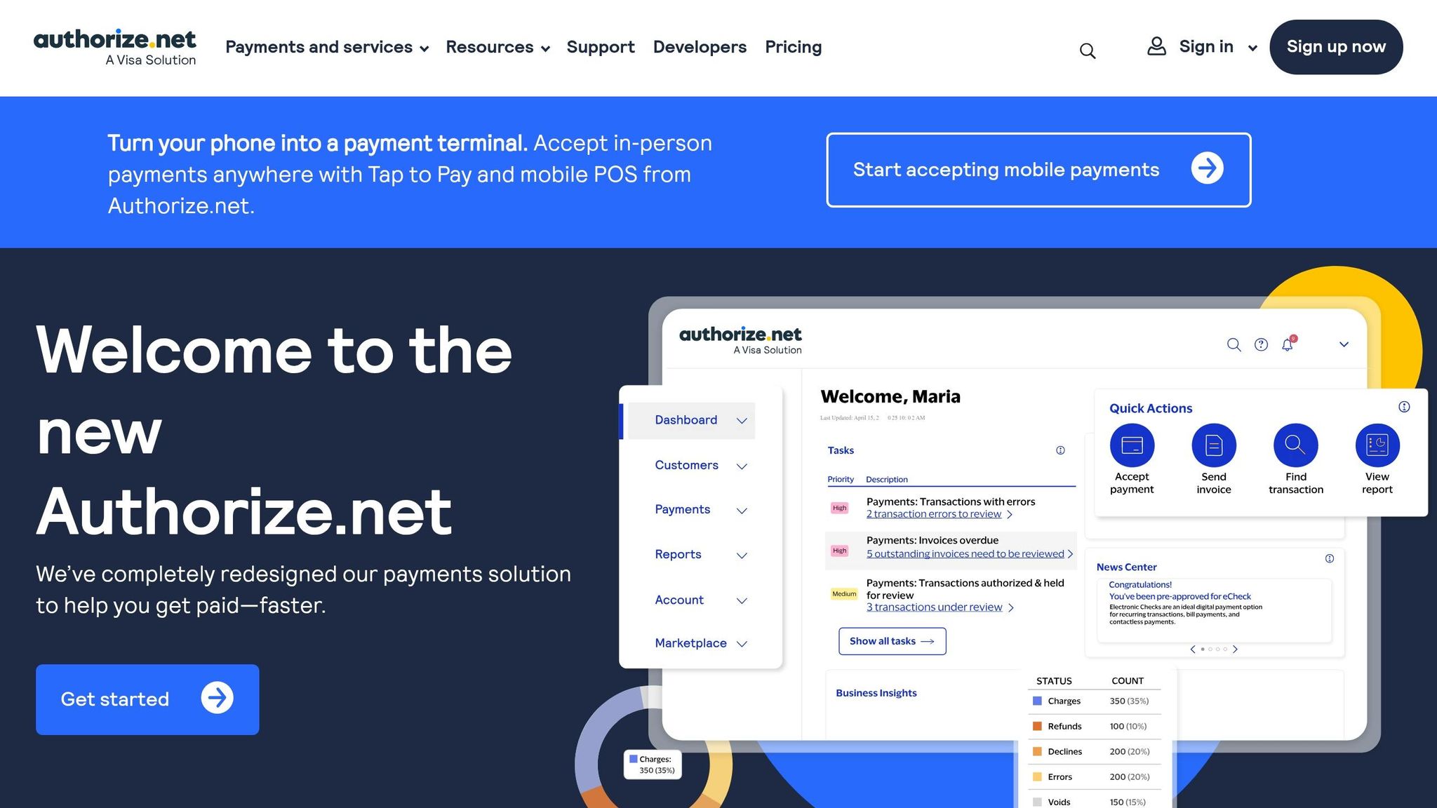 Screenshot of authorize.net dashboard showing payment options and transaction details for online payment processing.