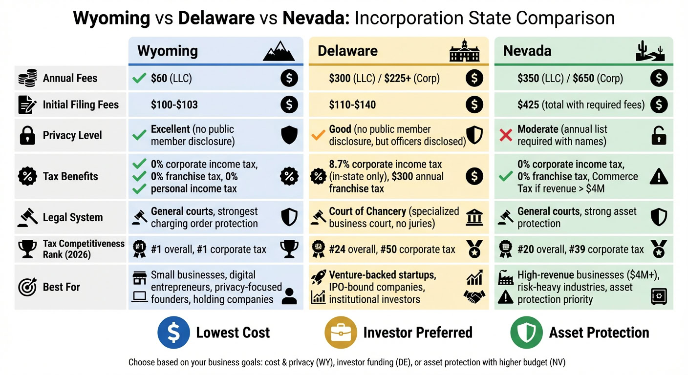 Wyoming vs Delaware vs Nevada Incorporation Comparison Chart