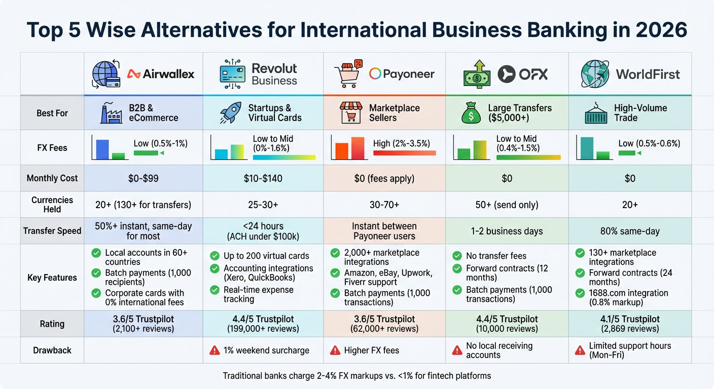 Comparison chart of Wise alternatives for international business banking in 2026, including features, fees, and key benefits.