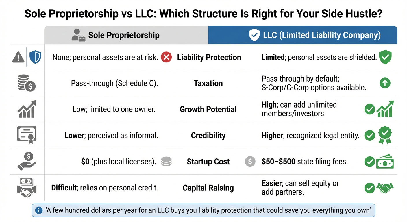 Comparison of LLC and sole proprietorship structures for side hustles, highlighting liability, taxation, growth, credibility, costs, and ease of formation.