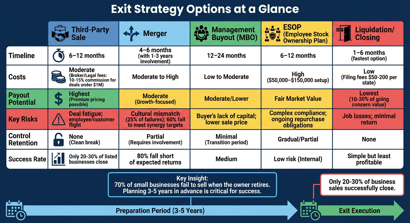 Infographic summarizing exit strategy options including sale, merger, management buyout, ESOP, and liquidation, with details on timeline, costs, payout potential, key risks, control retention, success.