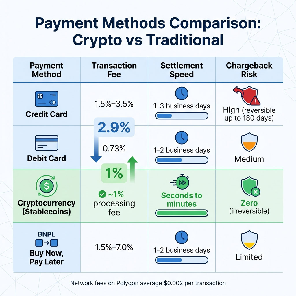Comparison of payment methods including credit card, debit card, cryptocurrency, and BNPL with details on fees, speed, and risk.