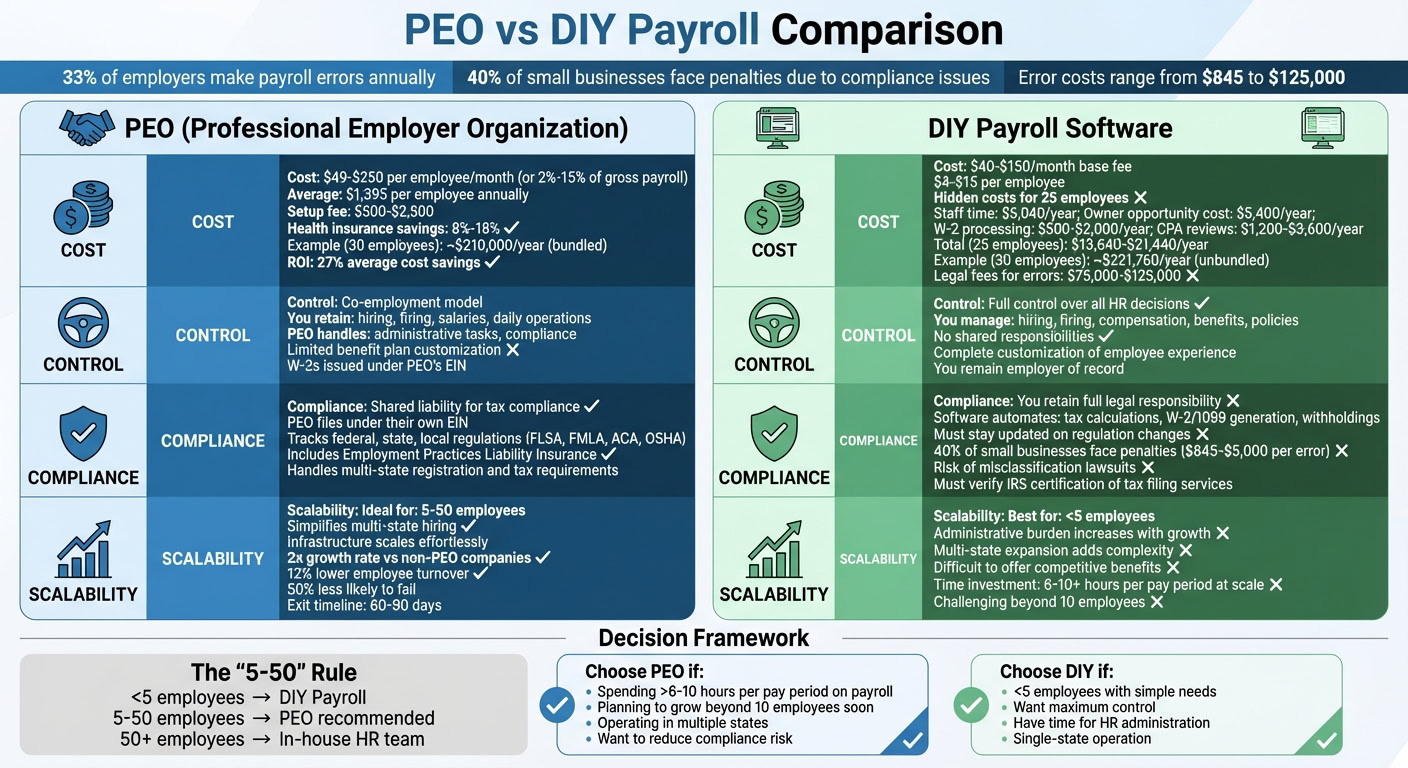 Comparison of PEO and DIY payroll options highlighting cost, control, compliance, and scalability for growing startups.
