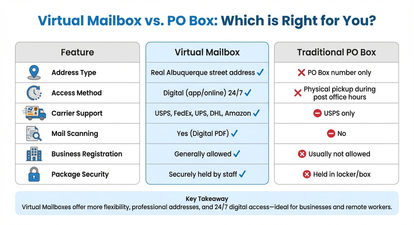 Virtual mailbox service in Albuquerque offering digital mail scanning, forwarding, and a real street address for businesses and remote workers.