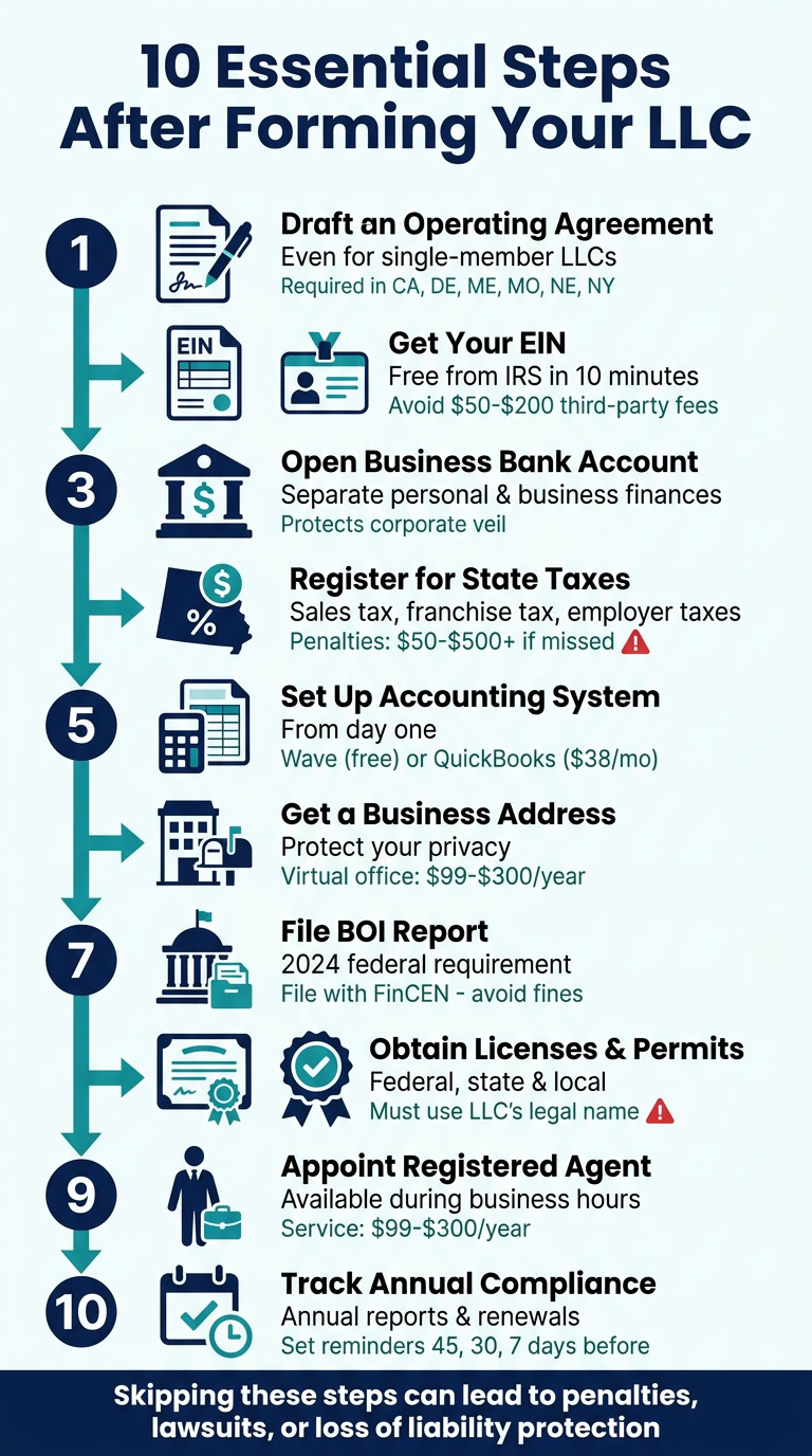 Illustration of the top 10 steps after forming an LLC, including legal, financial, and compliance tasks for new business owners.