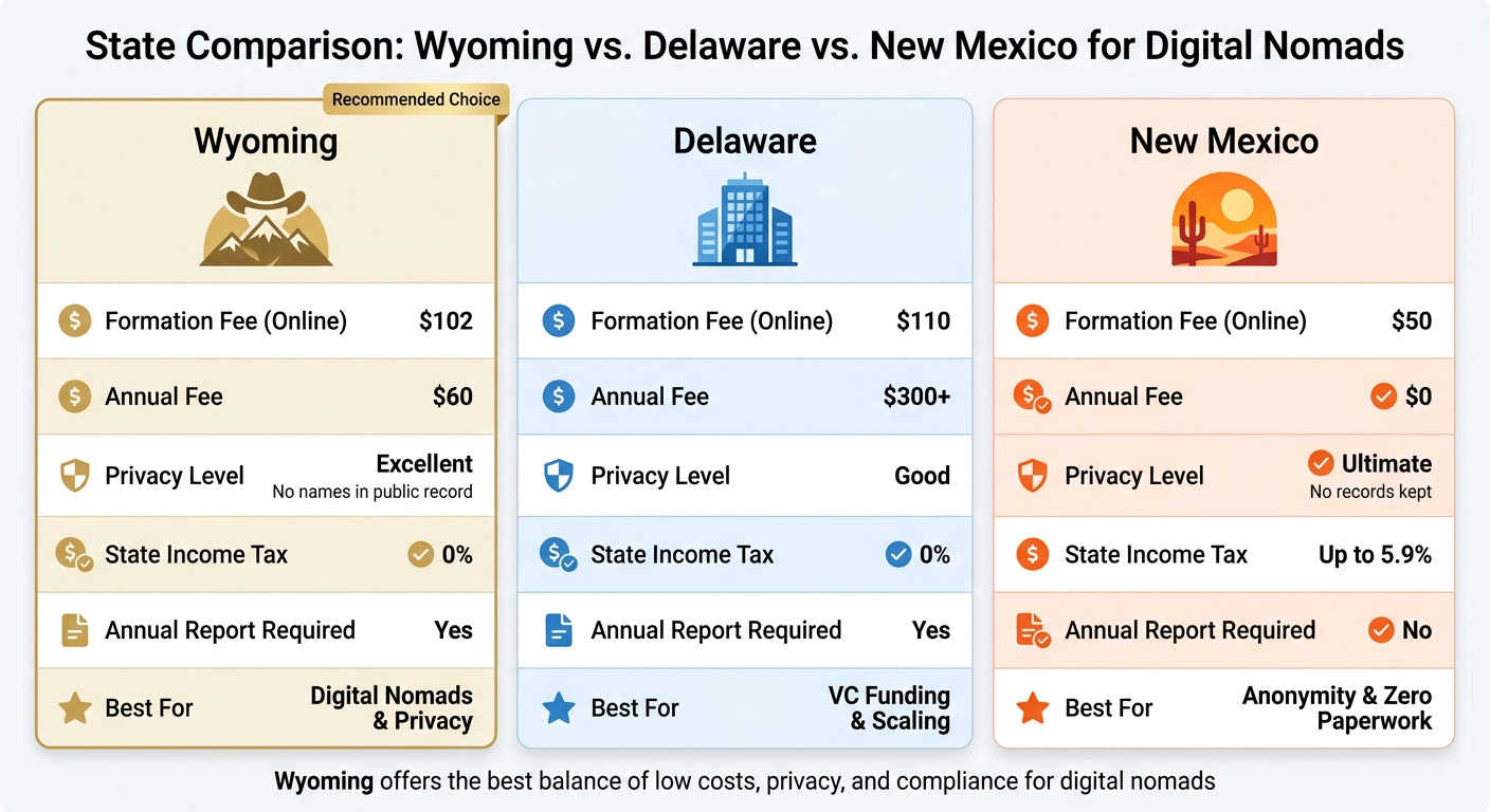 Wyoming vs Delaware vs New Mexico LLC Comparison for Digital Nomads
