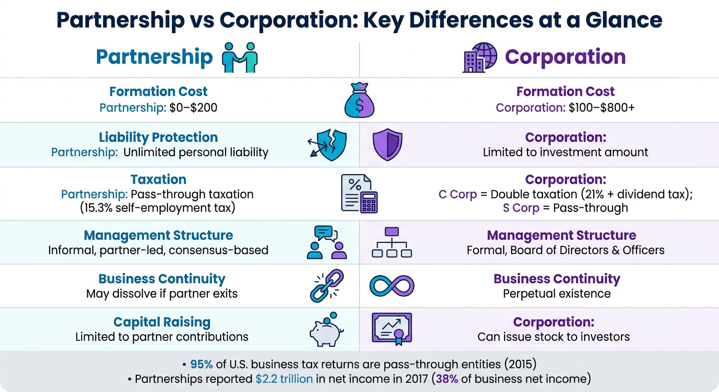 Comparison chart highlighting key differences between partnership and corporation including formation cost liability protection taxation management structure business continuity and capital raising.