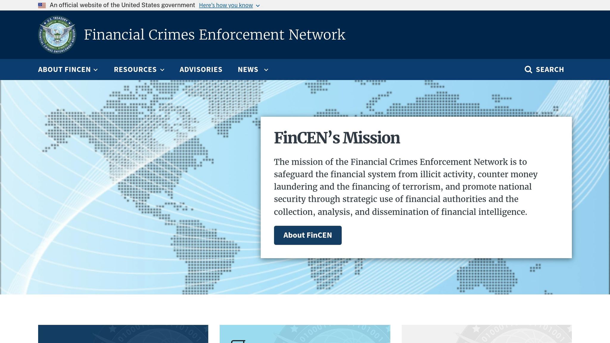Screenshot of the Financial Crimes Enforcement Network website showing its mission to combat financial crimes and terrorism financing.