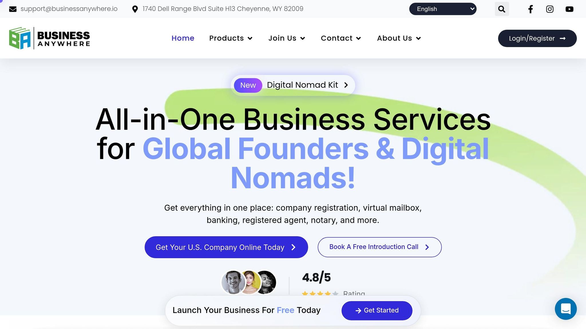 Comprehensive business services for global founders and digital nomads, including registration, banking, and virtual mailbox solutions.