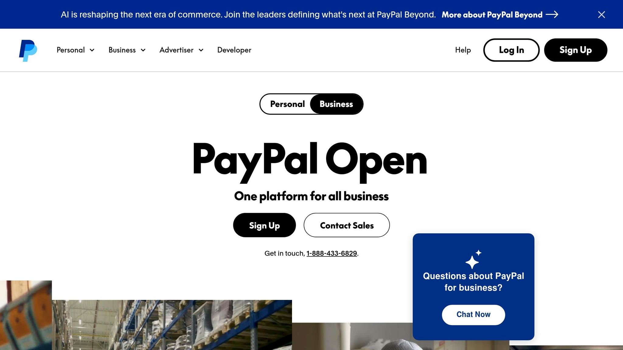 Screenshot of PayPal's business platform homepage showing sign-up options and a chat support window for business inquiries.